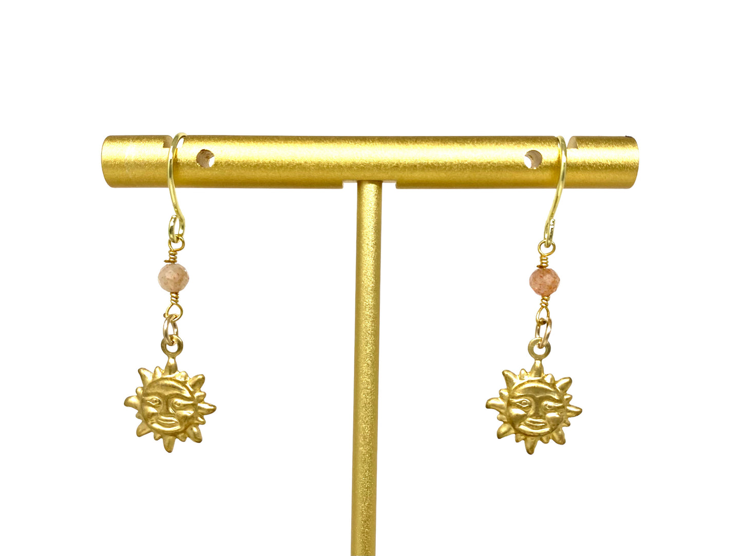 Small Gold Plated Brass Sun Earrings with Sunstone Bead