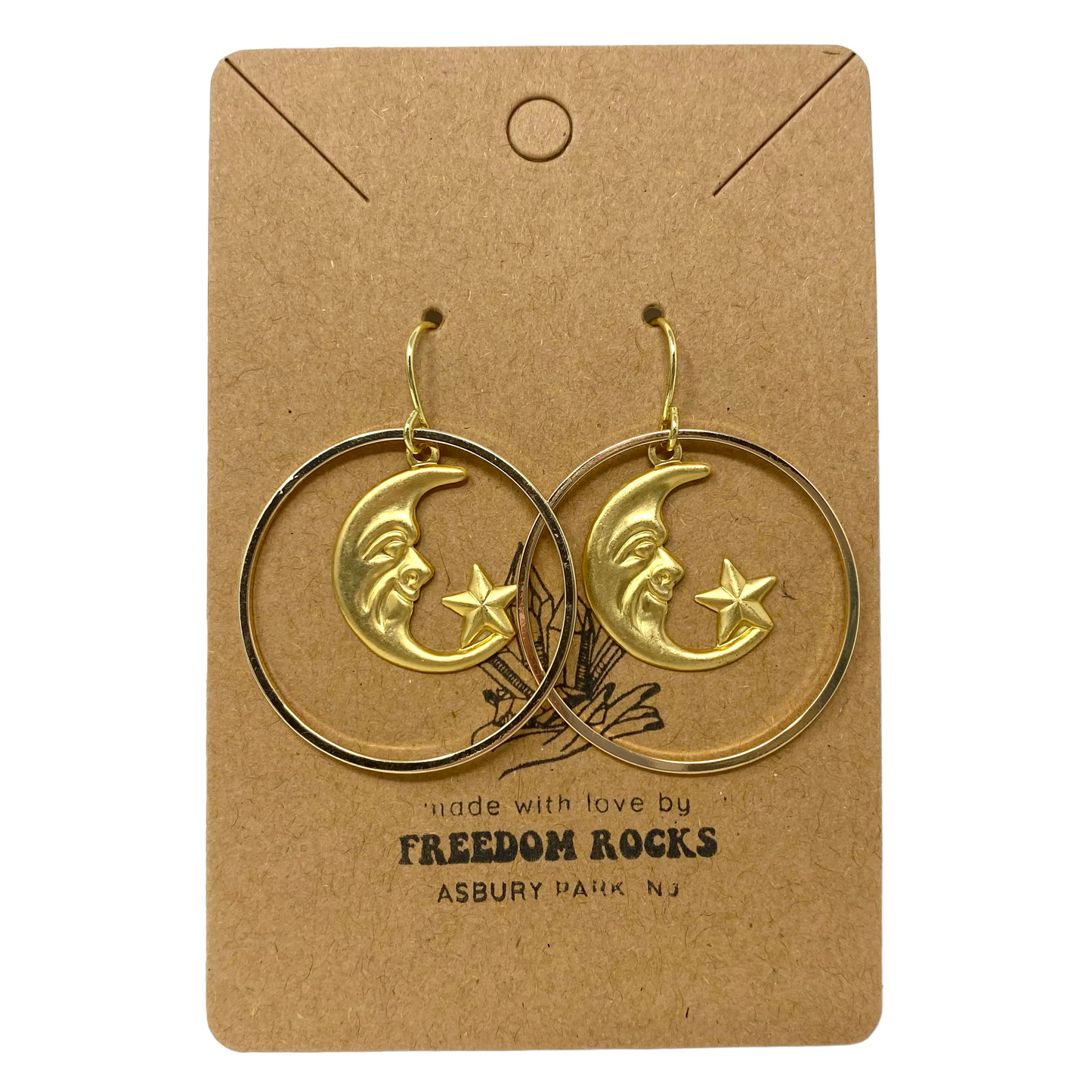 Gold Plated Hoop Earrings with Moon and Star Charm
