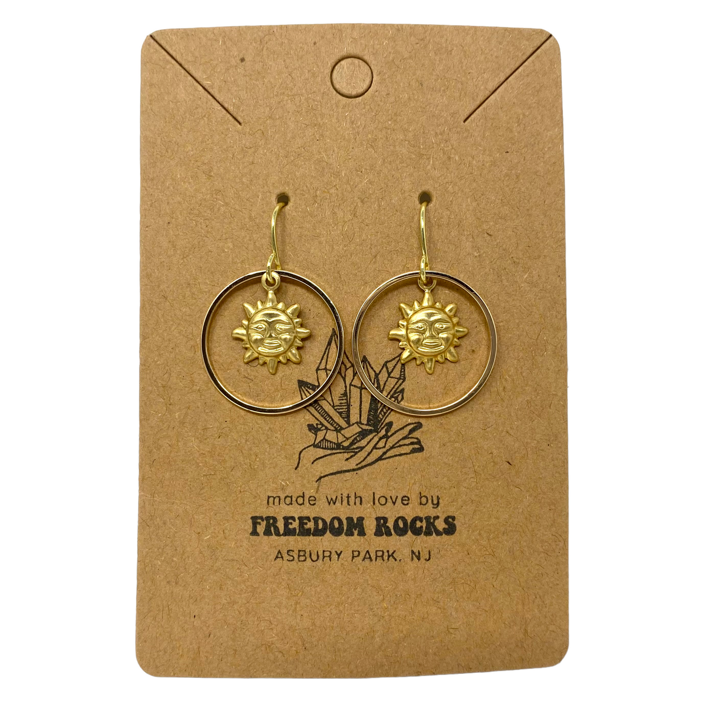 Gold Plated Hoop Earrings with Brass Sun Charm