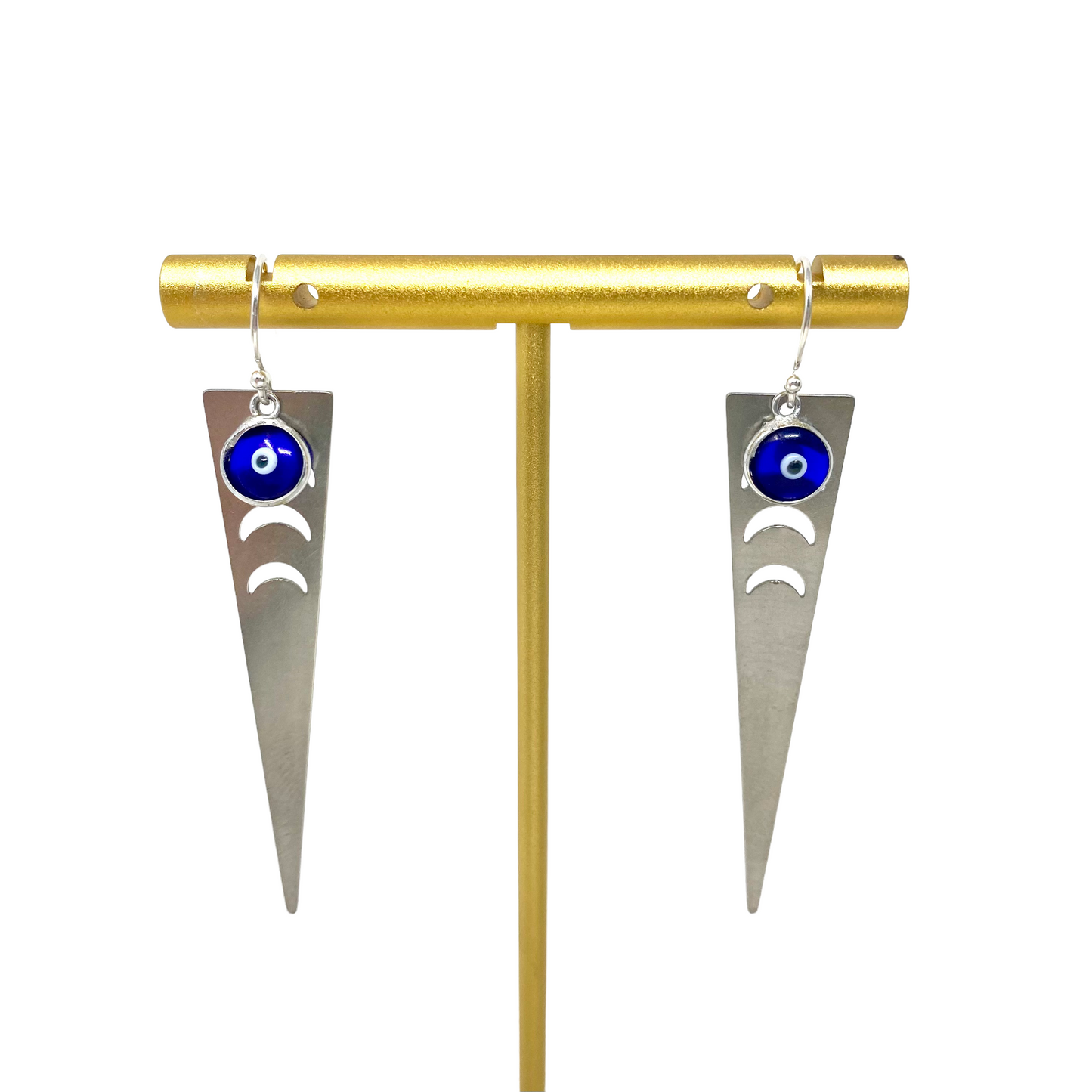 Stainless Steel Triangle Moon Earrings with Evil Eye Charm