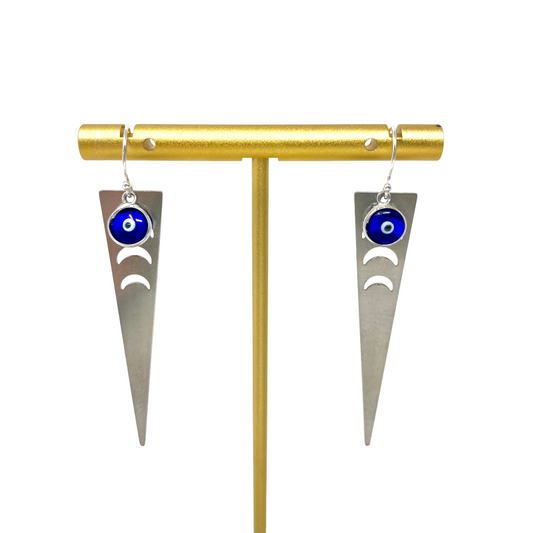 Stainless Steel Triangle Moon Earrings with Evil Eye Charm