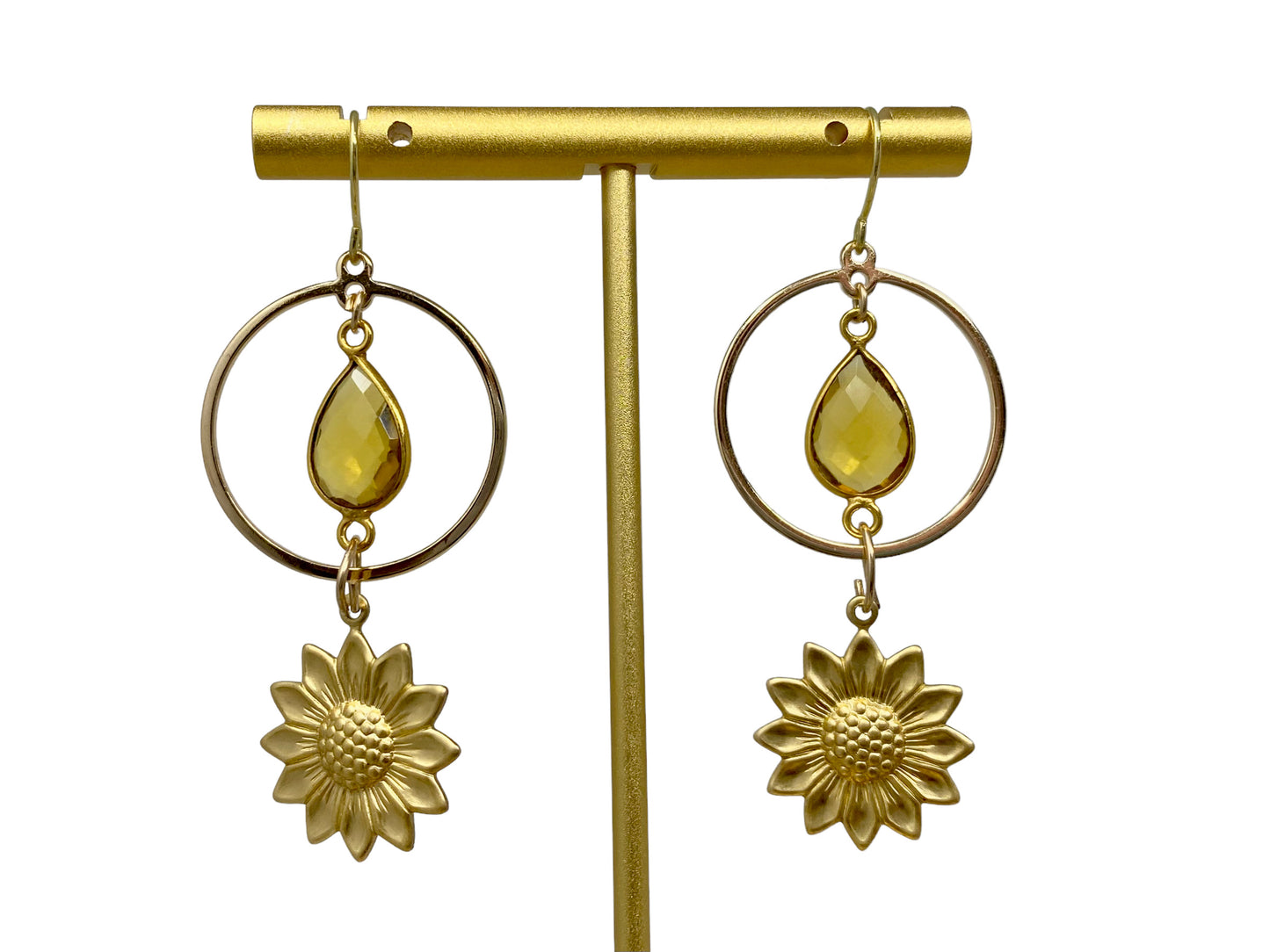 Citrine and Sunflower Gold Plated Hoop Earrings