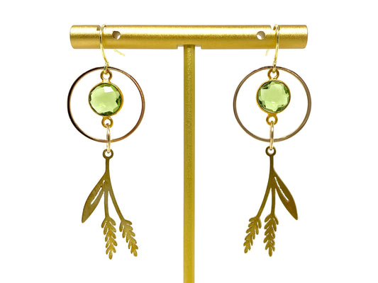 Peridot and Brass Flower Gold Plated Hoop Earrings