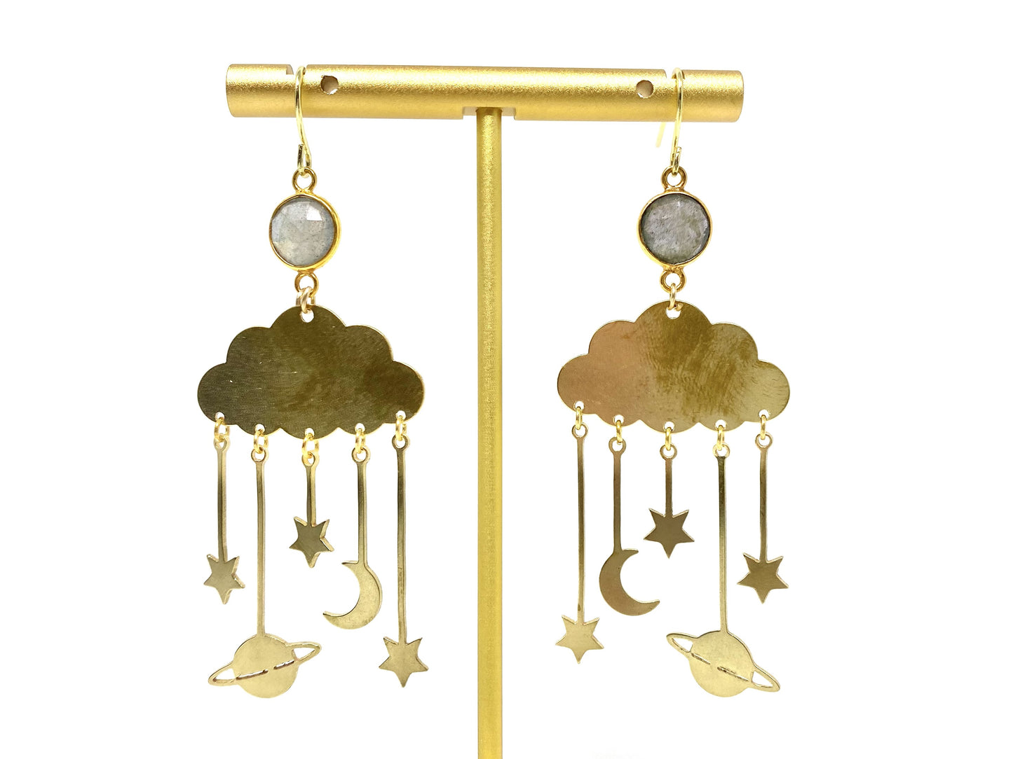 Labradorite and Brass Moon and Stars Hoop Earrings