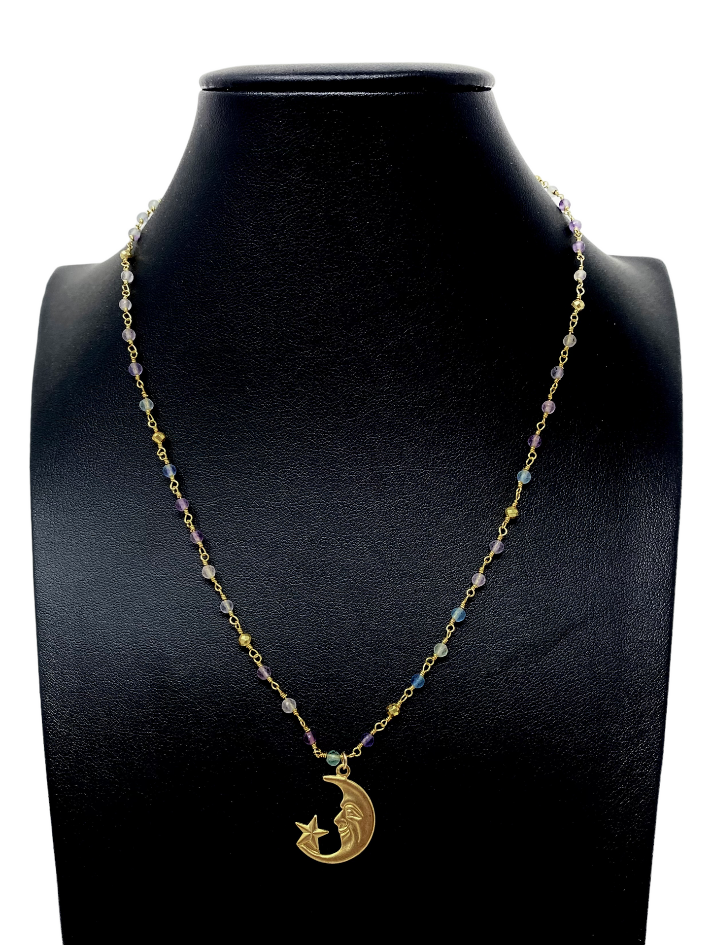 Moon Charm on a Gold Plated Rainbow Fluorite Necklace