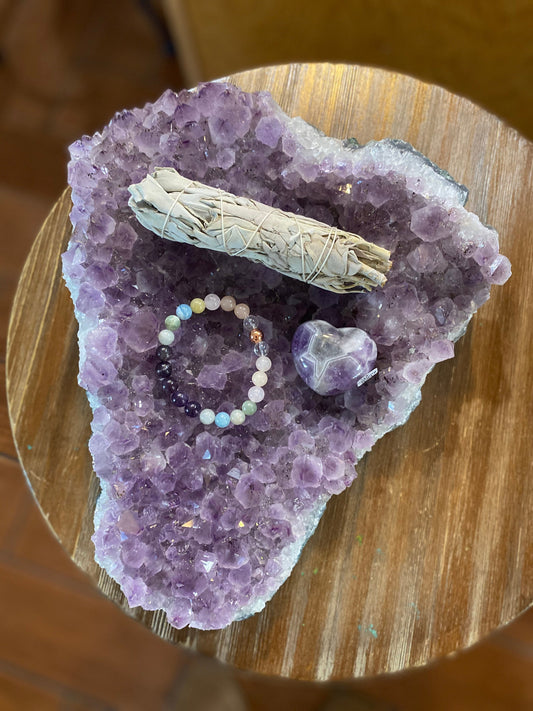 Valentines Day Gift Set Includes (1) Attract Love Gem Bead Bracelet (1) 3" Cleansing sage Bundle and (1)  2" Puffed Chevron Amethyst Heart