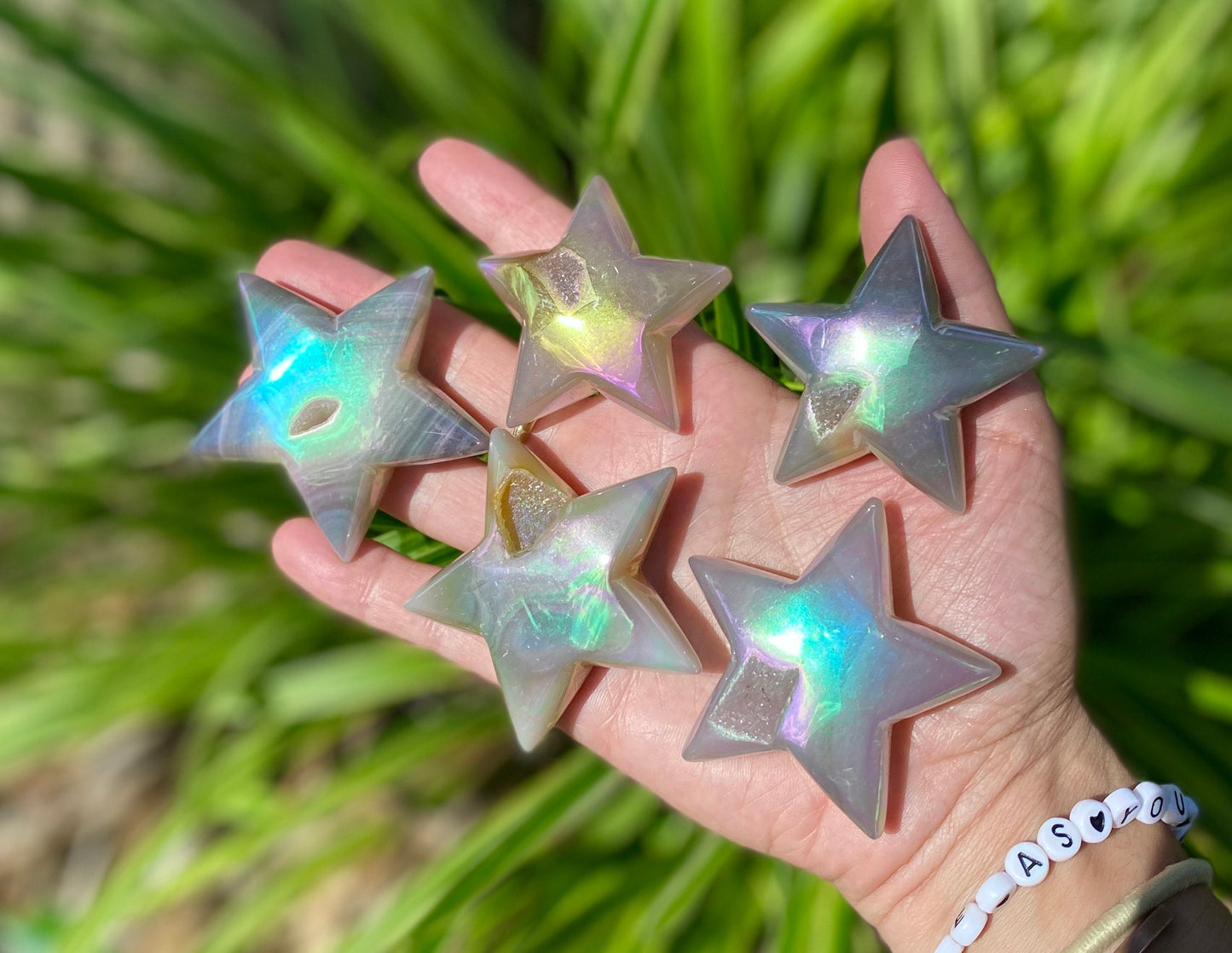 High Quality Aura Agate Star with Druzy Pocket / Star shaped Crystal / Rainbow Aura Agate Star