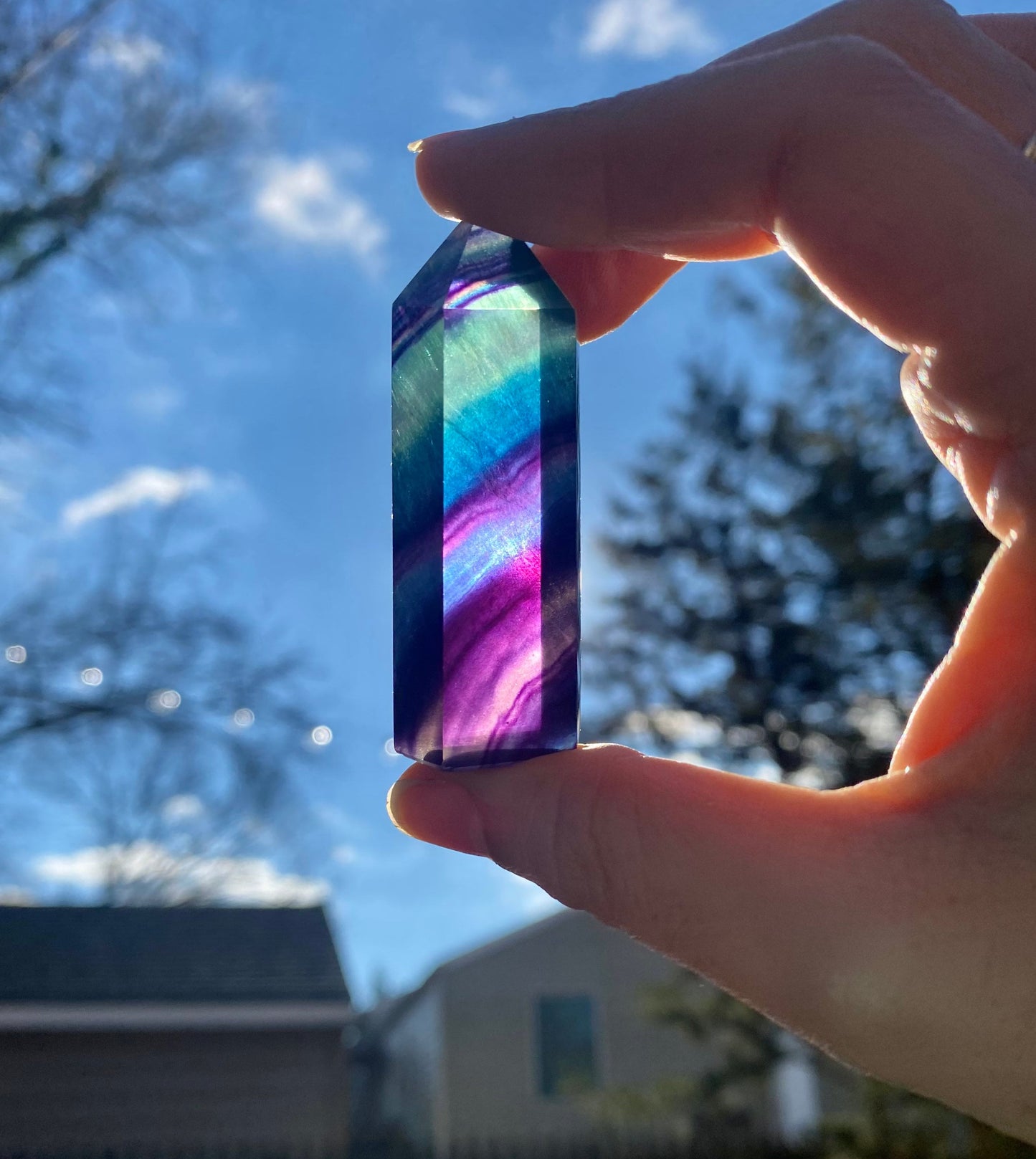 Super High Quality Rainbow Flourite Point Aprox 1-1.5 Inches 6 Faceted Reiki Healing Crystal All Natural Stone