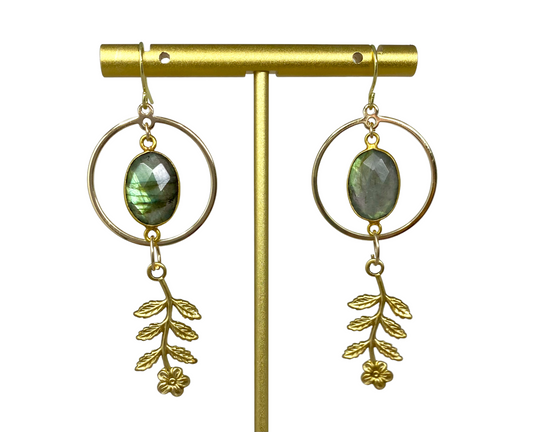 Labradorite and Brass Flower Gold Plated Hoop Earrings