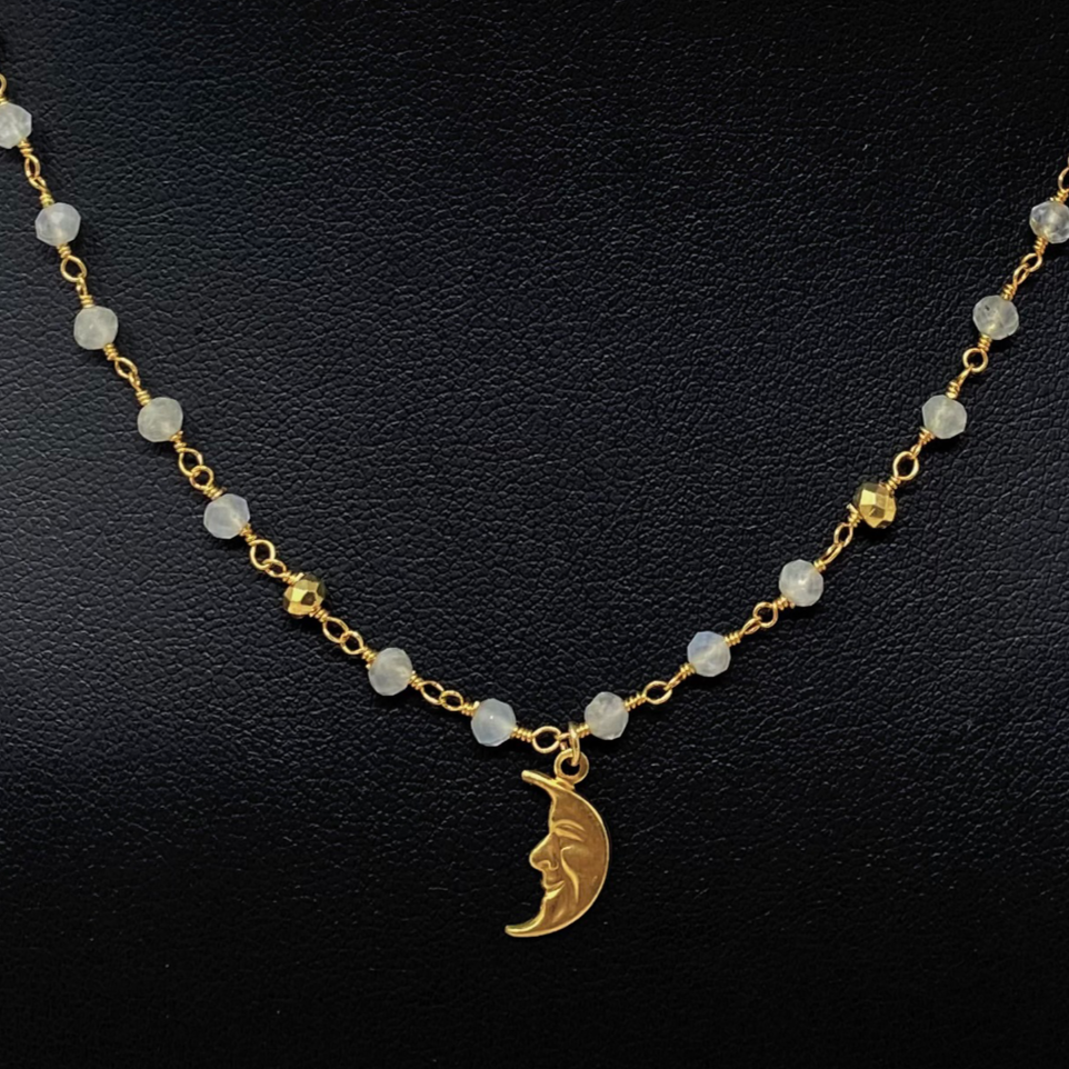 Moon Charm Necklace on a Gold Plated Moonstone Chain